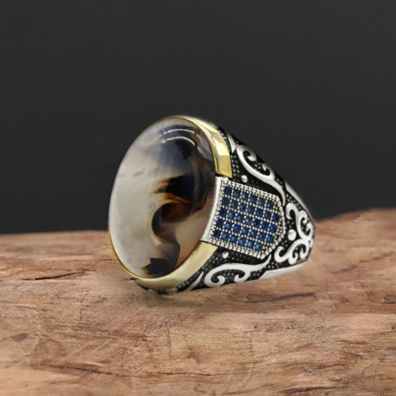 Nová sedem farebná S925 Sterling Silver Antique Türkiye Blue Zirkón a agát punk rock ručne vyrobené darček pre pánske prsteň