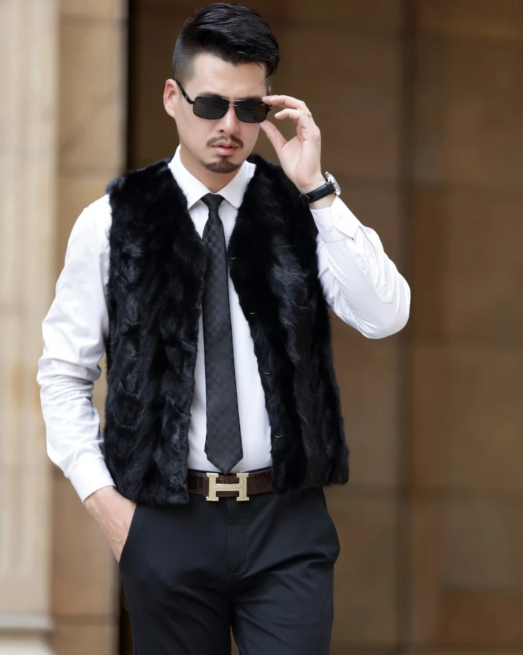 Nová skutočná genunie Natural Mink kožušina Vesta Pánske módne V-krk Gilet Warm Winter Cust