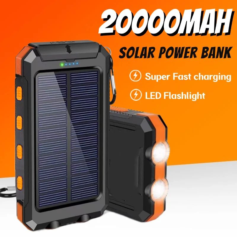 Nová solárna energia Bank 20000 mAh nepremokavá nabíjanie externých batérií s LED svetlom rýchleho nabíjania vonkajšie kempingové mobilné napájanie