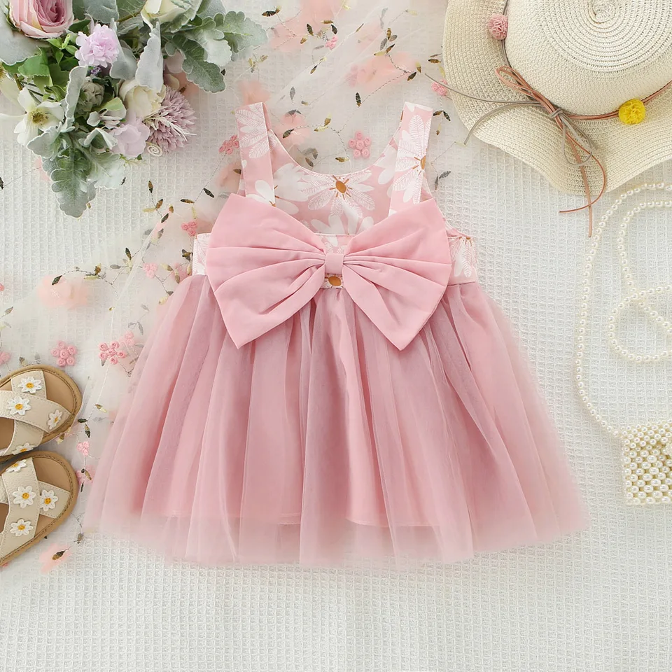 Nová sukňa zavesenia Big Bow Mesh pre dievčatá Kórejské vydanie Small Chrysanthemum Otvorená dvojvrstvová sukňa