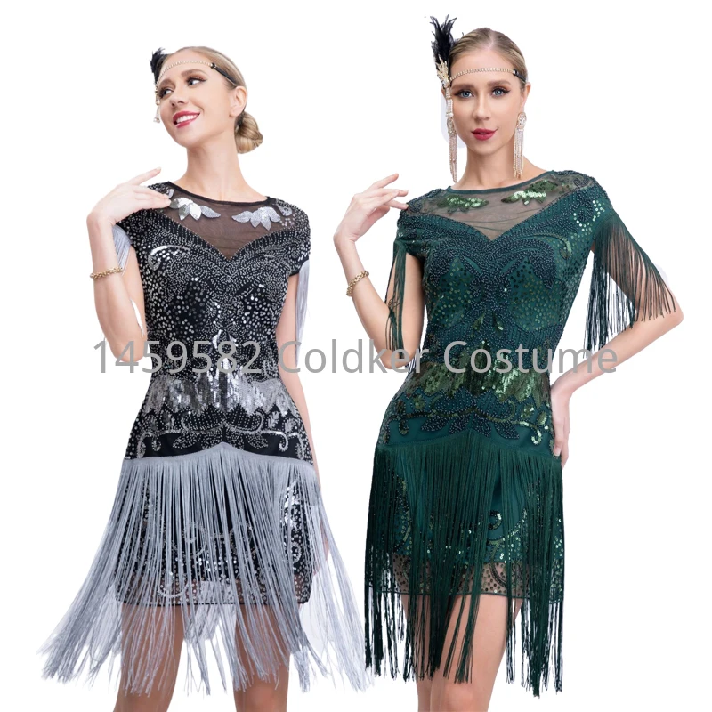 Nová zelená šedá strapca s krátkym rukávom šaty z 20. rokov 20. storočia Gatsby Vintage High End Even Even