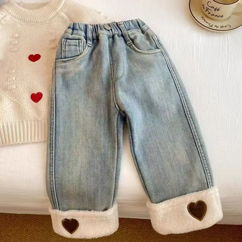 Nová zimná hustá teplá fleece dievčatá Rovné džínsy Deti vysoký pás zahusťuje módu teplé džínsové nohavice kovbojové nohavice