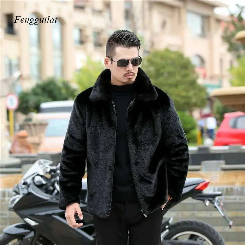 Nová zimná imitácia Mink kožušina Coats Men bunda Hustý otáčajte golier/s kapucňou Faux Fur Bund