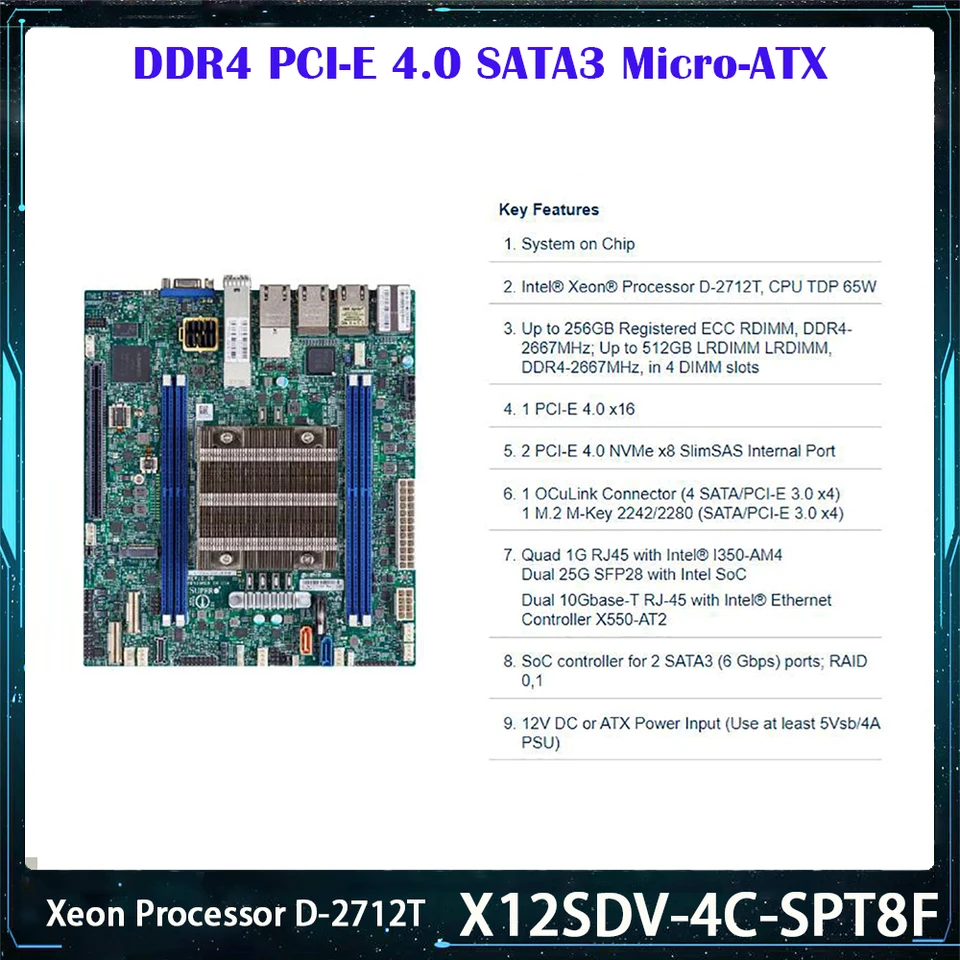 Nová základná doska X12SDV-4C-SPT8F pre Supermicro Xeon Processor D-2712T DDR4 PCI-E 4.0 SATA3 Micro-ATX