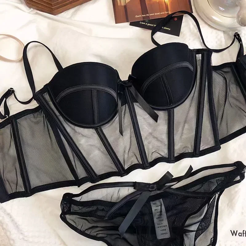 Nová čipka podprsenka Sexy sieťové spodné prádlo Ženy Dutiny VYBRAŤ PLAVNÝ Šálka ​​Soft Bralete Anti-Sag Push Up Bow Wumen Women Underwear Set