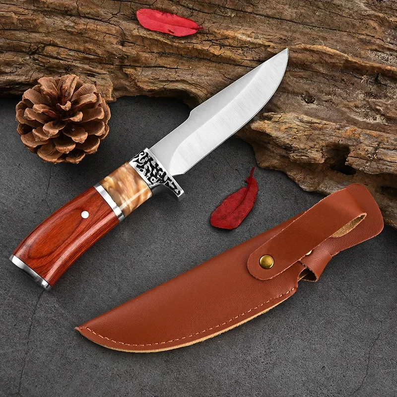 Nová živici mahagónová rukoväť Outdoor Jungle Straight Knife, nôž na prežitie sebaobrany, prenosný multifunkčný nôž EDC