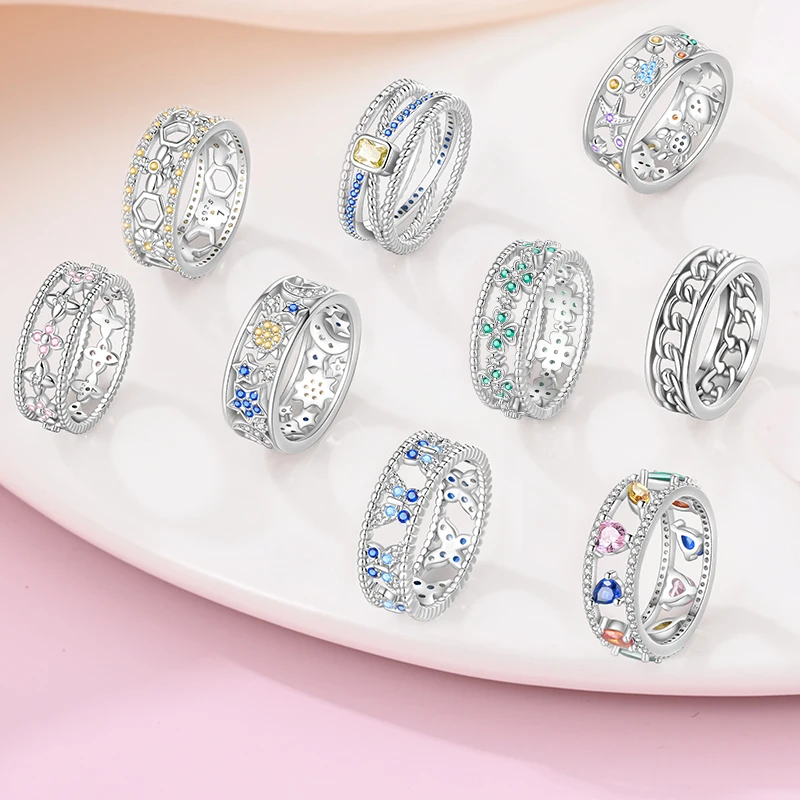 Nové 100% 925 Sterling Silver Fashion Sunflower Sun Moon Wide Rings Classic Crown v tvare srdca Ženské prstene Elegantné šperky na párty