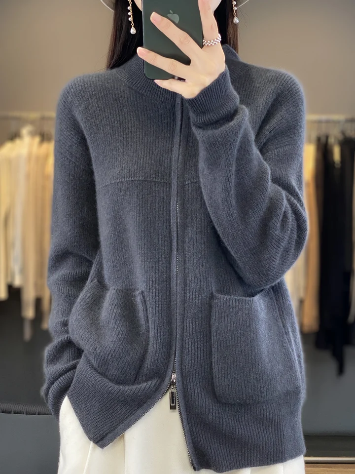 Nové 100% merino vlnené ženy Cardigan Autumn Winter Zipper Sweaterco Cat Mäkké teplé kašmíru pletiek vrecko vrecko Top kabát