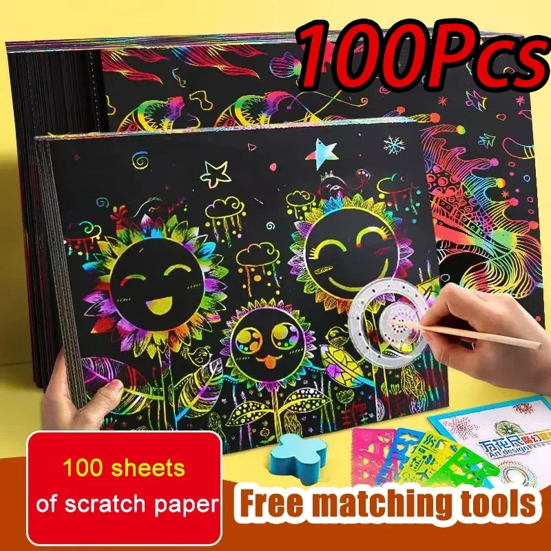 NOVÉ 100 pcs deti DIY farebné poškriabanie obrazov Art Scraping Book Graffiti Zábava maľba poškriabanie papiera kreslenie hračiek