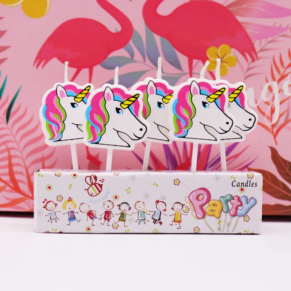 Nové 1set/5ks karikatúra jednorožec Flamingo Cake Sviečky pre deti bábätko Šťastné narodeniny Party Diy Cake Decises Girls Darček