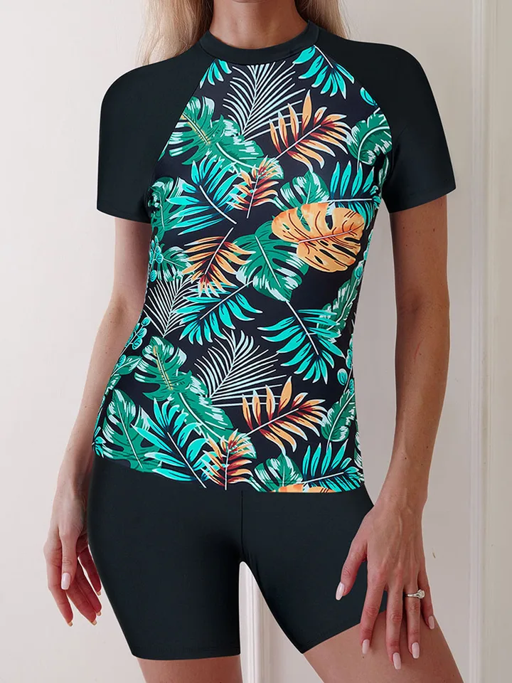 Nové 2-kusové ženy Tropické vacy tankini set plavky, vysoko viazané textílie krátkeho rukávu Top a vysoký pásový boxer kraťasy plavky