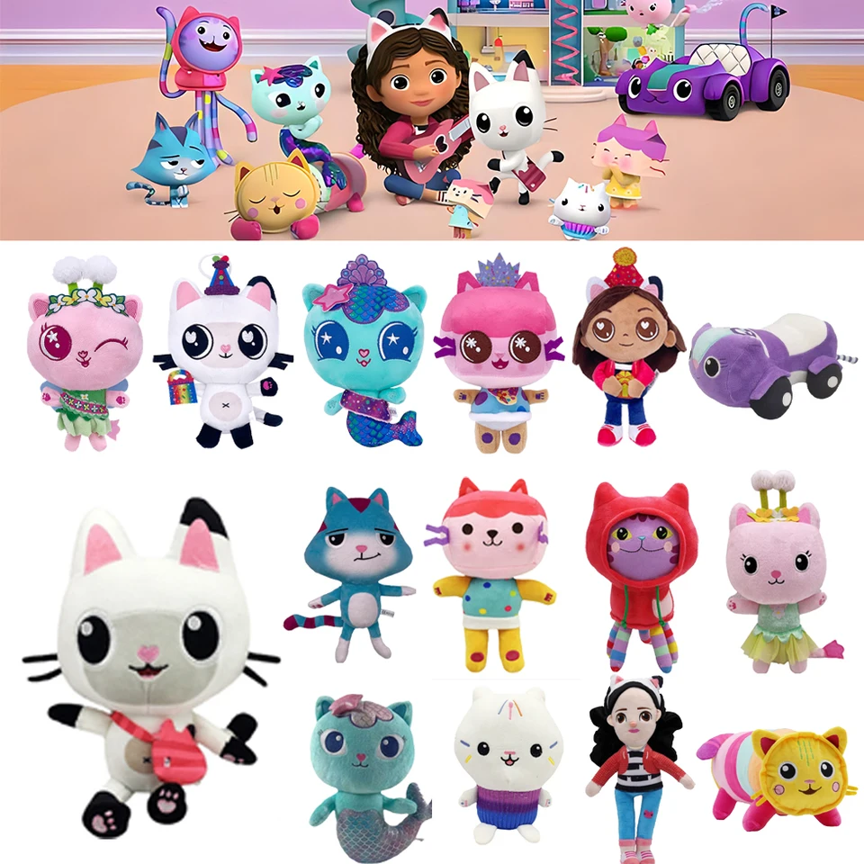Nové 20-30 cm Gabby's Doll House Plys Hray Batka Cat Cat Cat Cat Mermaid Scdle Animals Plushie Dolls for Kids Darček