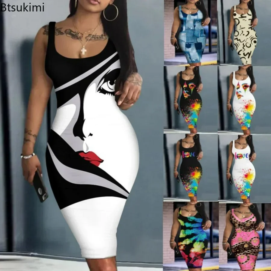 Nové 2025 Dámske letné ceruzky Sexy maxi Skinny šaty ženské rukávy Večerné večierky Tlač Bodycon Clubwear Clubwear Robes