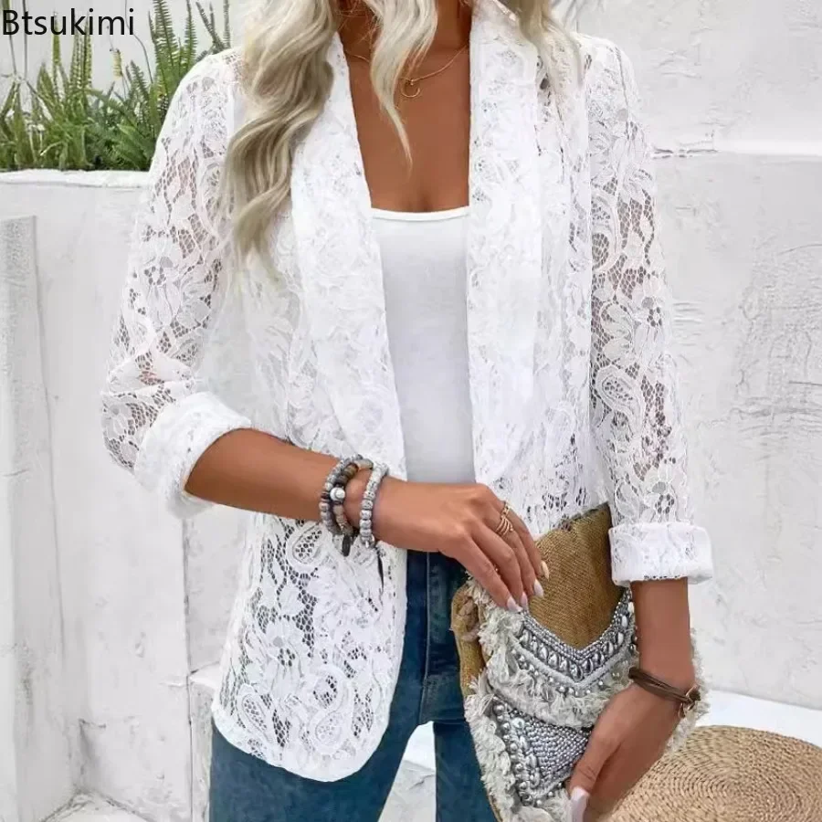 Nové 2025 Dámske malé oblek Coats módne čipky Splice pletenie s dlhým rukávom Slim Fit Blazers Sám