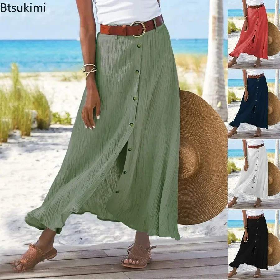 NOVÉ 2025 Dámske s vysokým pásom bavlnené midi sukňové šaty gombíky Up SAS SLIT SLIT HIP tenis sukne Holiday Beach