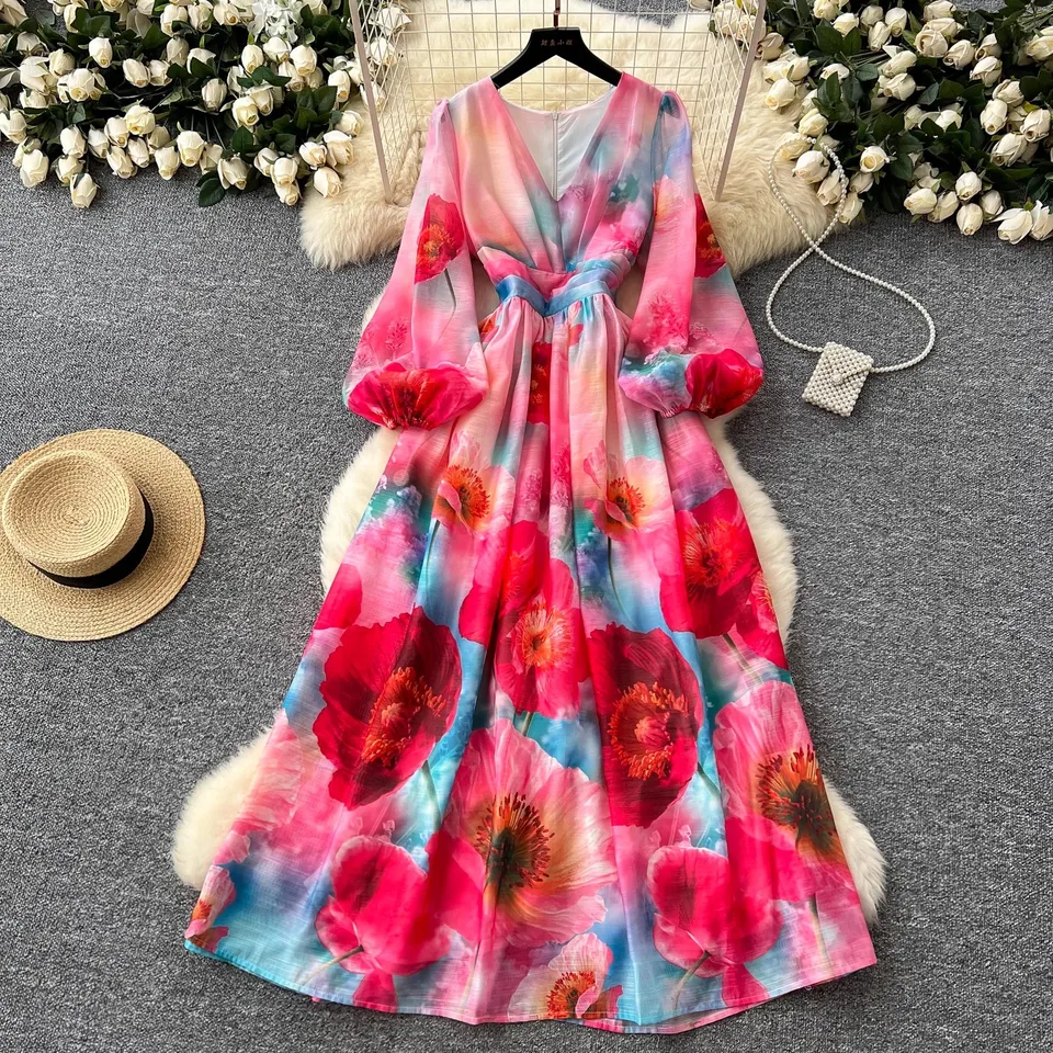 NOVÉ 2025 Summer České elegantné Elegantné nádherné kvetinové lucerné rukávy dlhé šaty francúzske retro kvetinové tlače skladané šifóny maxi šaty