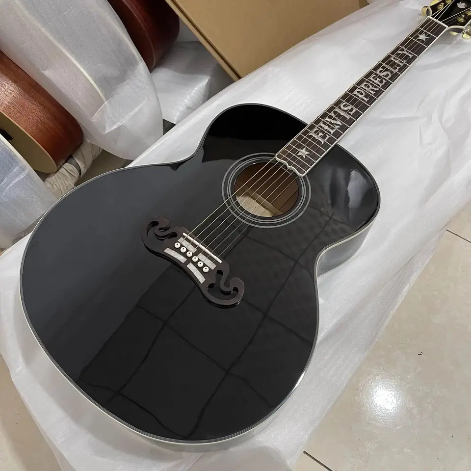 Nové 43# Jumbo J200 Akustická gitara SJ200 Solid Spruce Top Elvis Bone Nut/Saddle in Black 241115