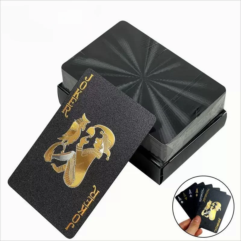 NOVÉ 54 čierne a zlaté plastové hrací karty Nepooderné karty Darček Hliníková fóová pokerová súprava Praktické darčeky na párty