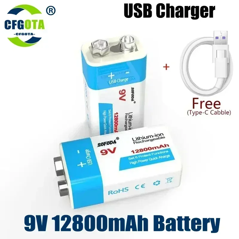 NOVÉ 6F22 9V Nabíjateľné nabíjateľné batérie 12800 mAh Micro USB 9V Li-iónové lítiové lítiové batérie pre multimetrové mikrofónové hračky KTV diaľkové ovládanie KTV
