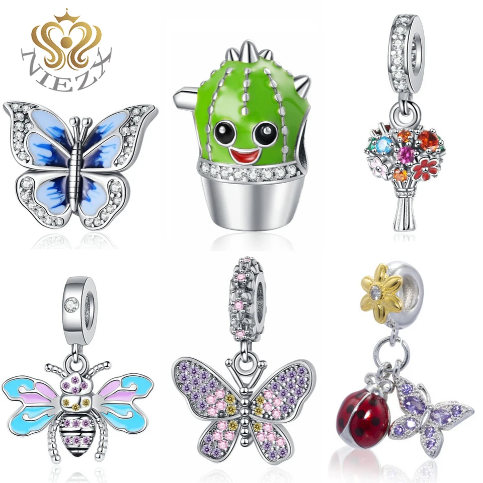 Nové 925 Sterling Silver Charm Butterflies Hmyz kvety kvety kaktus korálkové kúzlo Fit Original DIY náramok pre ženy