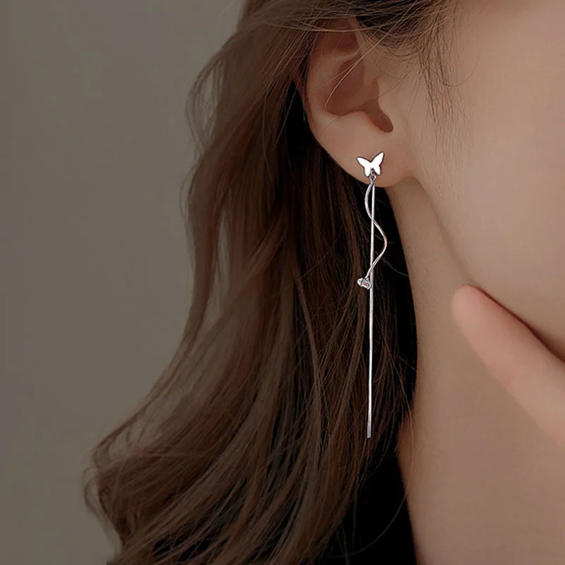 Nové 925 Sterling Silver Long Tassel Butterfly náušnice Šumivé diamantové hadové kosti náušnice