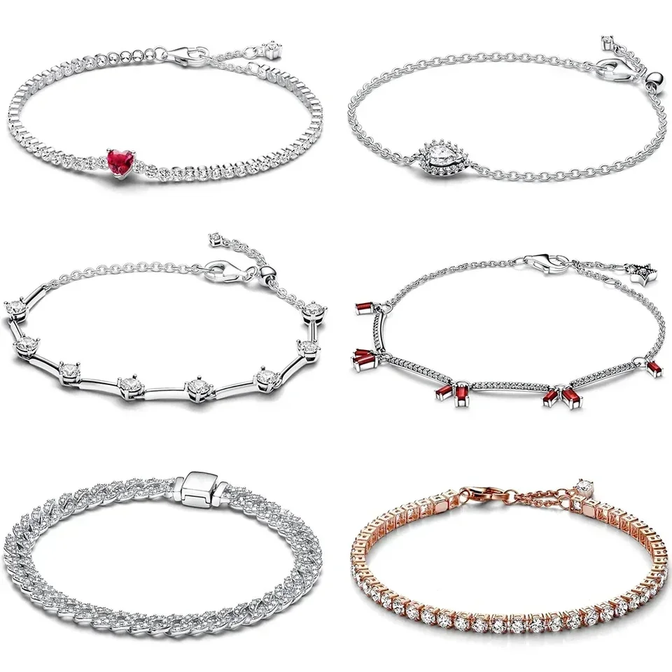 NOVÉ 925 Sterling Silver Pretty iskriling Heart Bars Tennis Hruška halo halo firecracker nadčasový náramok Pavé Náramok Fit Darčeky