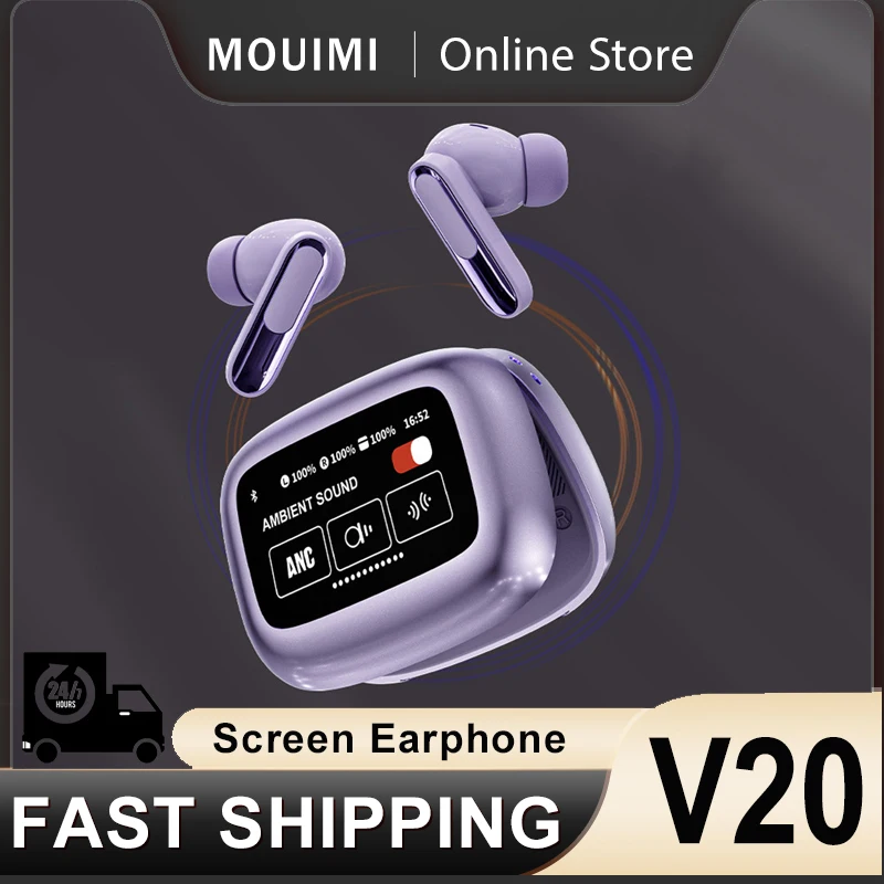 Nové bezdrôtové slúchadlá V20 bezdrôtový Bluetooth ANC Redukcia hluku HD HD MIC CLOOL LED dotyková obrazovka ovládacie slúchadlá pre živé lúče 3