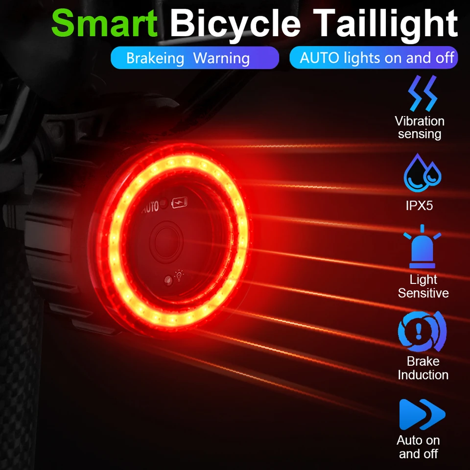 Nové bicykle inteligentné automatické brzdové snímanie svetlo vodotesné nabíjanie LED Cycling zadné bicykle Zadné svetlo Varovanie bicykla