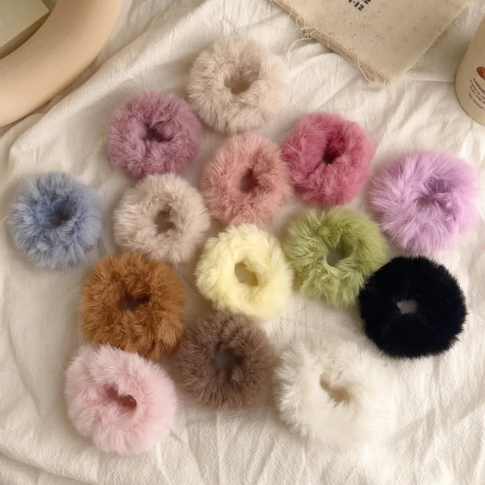 Nové chlpaté vlasy Scrunchies Zimné teplé elastické vlasové gumové páske Fluffy plyšové lano vlasy Vlasové doplnky sladké roztomilé pokrývky hlavy