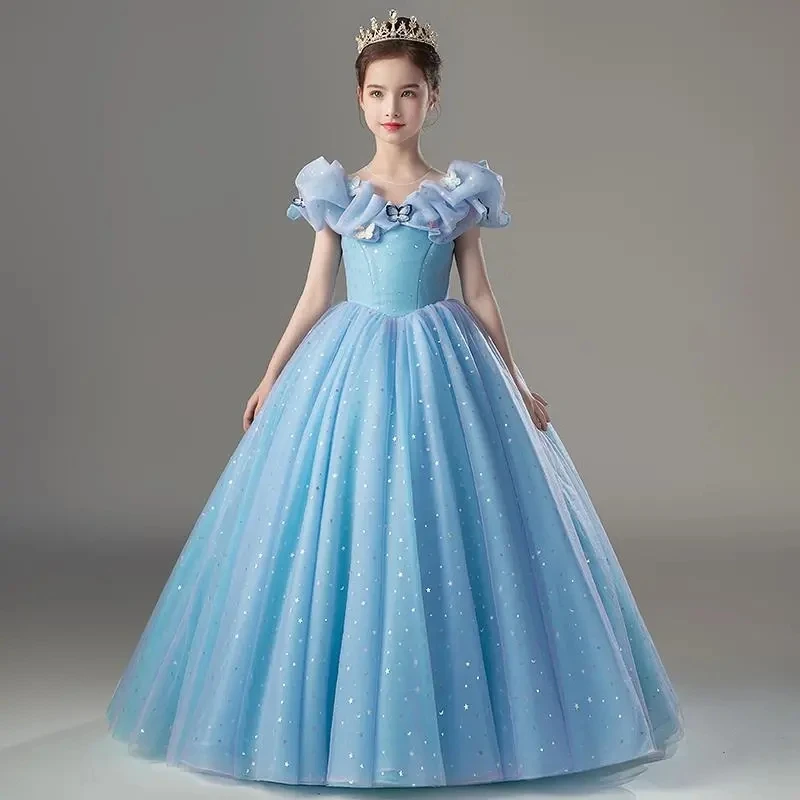Nové deti Blue Princezná šaty pre dievčatá Detské narodeninové oslavy Flitry Dlhodobé večerné šaty Formálne ples Luxusné sprievodné šaty