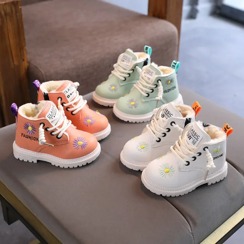 Nové deti čalúnené topánky Kids zima s kvetinovou karikatúrou protišmykom topánok hrubé topánky na zips Girls Warb Snow Ploché topánky