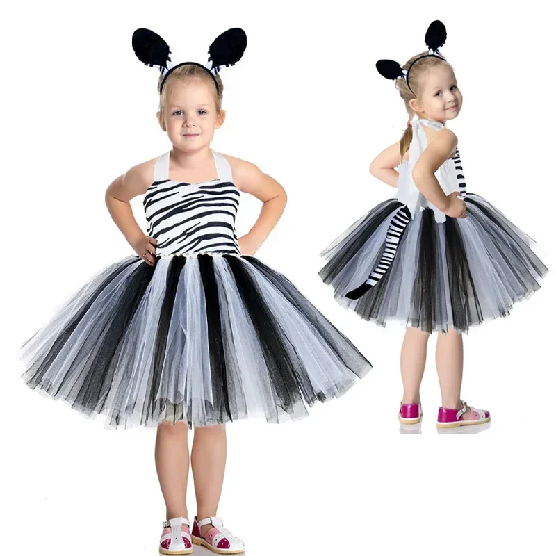 Nové detské Zebra PlaySuit Mesh Tuffa Sukne Dance šaty Halloween Forest Animal Black and White Panther Cos Performance Sewd1
