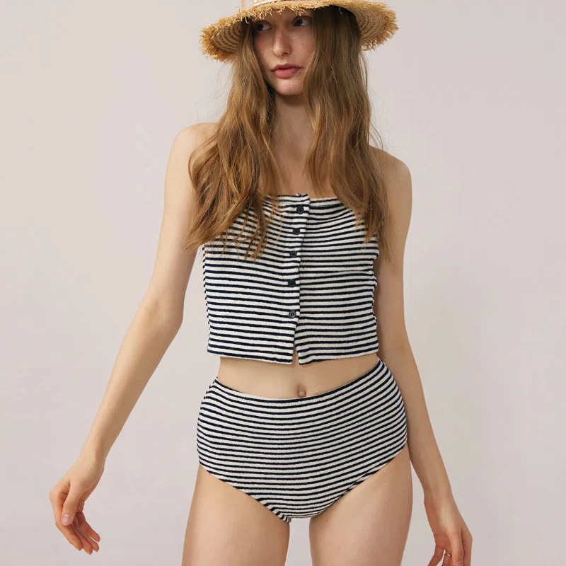 Nové dva kusy Set plavky Ženy biele čierne pruhované plavky Sexy tank Top Bikini High Peach Wear Wear