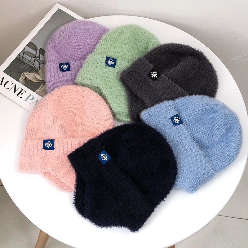 Nové dámske cukrovinky farby uši zimné klobúk módne faux kožušinové pletené klobúk KPOP Soft Soft Beanie Hats Female Streetwear Cap