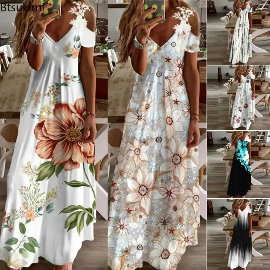 Nové dámske letné letné šaty 2025 Sexy kvetinové tlač V krk dutiny boho maxi šaty príležitostné plážové šaty Party rúž Vestidos