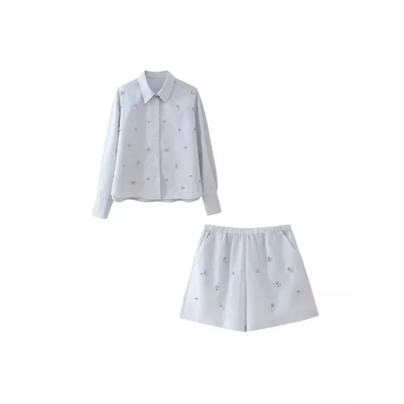 Nové dámske odevy hraničné obchodné rýchlosť predaja Zr umelou perlou dekorácie Poplin Tirlt Casual Shorts Suit