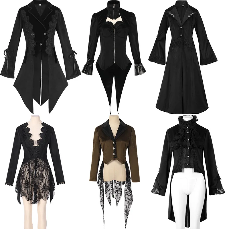 Nové dámske steampunk viktoriánska bunda Vintage Tailco Cat Gothic Costume Dovetail Stredoveký retro kostým stredná dĺžka punkový kabát