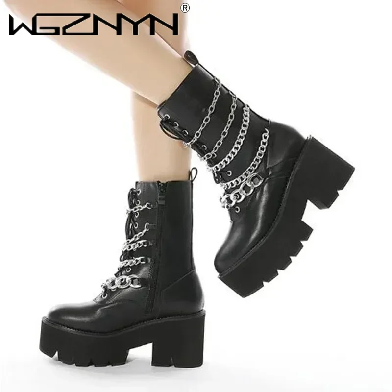 Nové dámske stredné teľacie topánky Platforma Lace Up Metal Chains Dámske motocykle topánka Chunky pätná punk gothic topánky nepremokavá majer