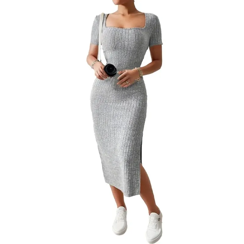 Nové dámske sveter dlhé šaty s krátkym rukávom štvorcový krk Bodycon Split stehno rebrované masívne farebné pletené midi šaty ženy