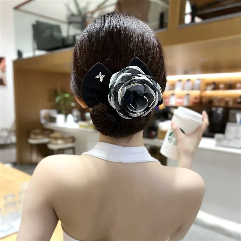 Nové dámske štýly Veľké Camellia Ženy Elegantné twist Clip Bow Headdress Horset Držiteľ čelenky čelenky Bun Hair Accessories Ozdobte