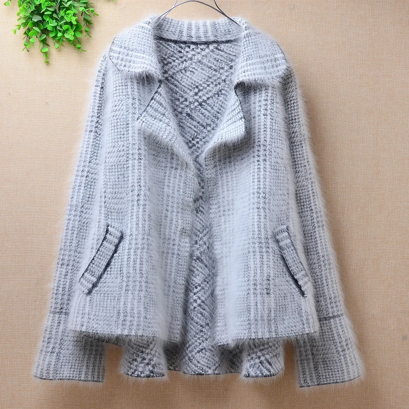 Nové dámy Zimné európske falošné dvojdielne pletené panvové kašmíru Králiky na vlasy plyšový klopa Sweater Slim Coat bunda sáčko šedá šedá šedá
