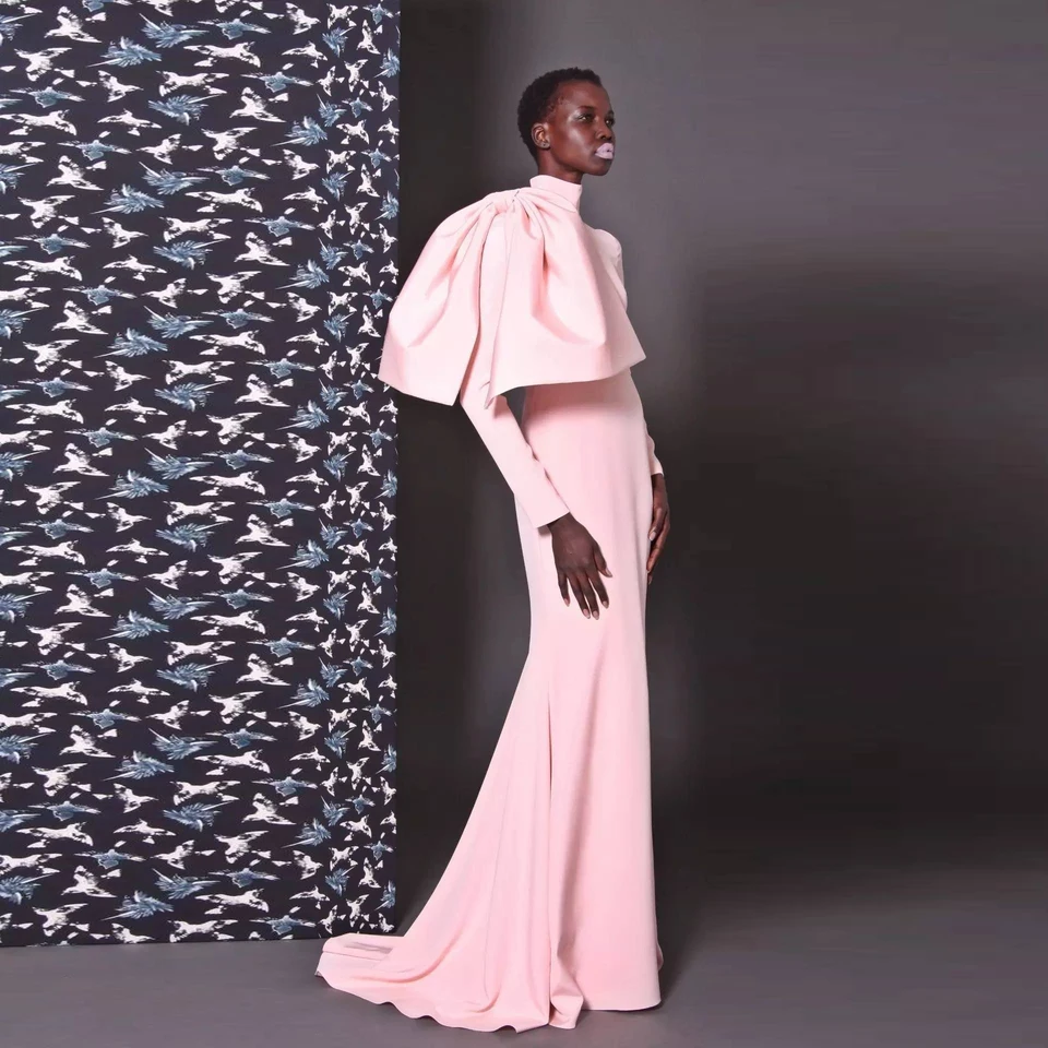 Nové elegantné plesové šaty morská panna Abiye Gece Elbises ružové plesové šaty na plece s dlhým rukávom Elegantné formálne šaty robe de soiree