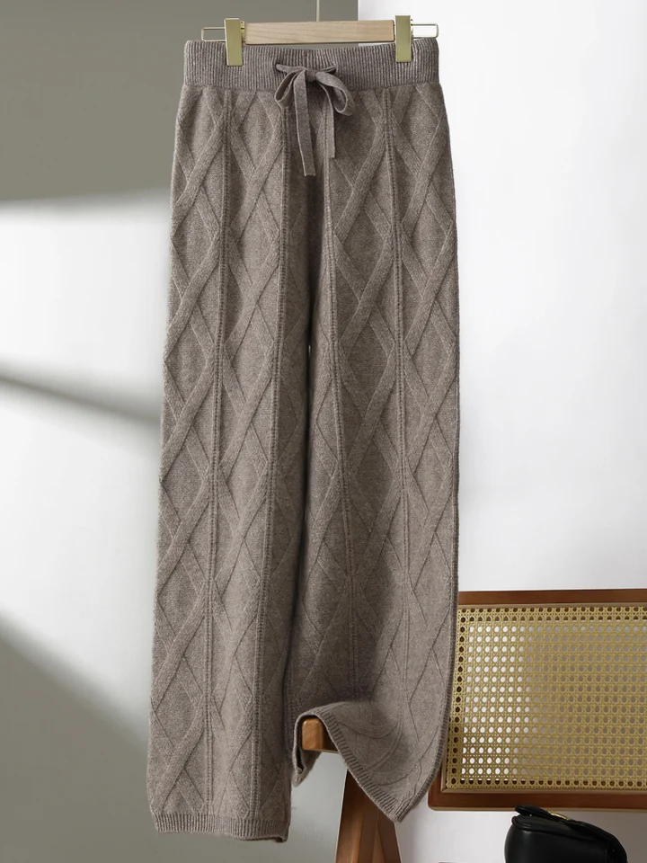 Nové elegantné ženy Cashmere Pants Argyle Jacquard hrubé nohavice so širokými nohami 100% merino vlnené pletenie
