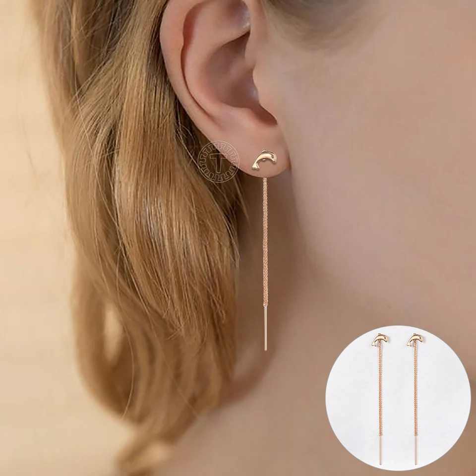Nové elegantný malý zirkón Dolphin Zvieracie náušnice 585 Rose Gold Color Long Tassel Paneble pre ženy Dievčatá Darček pre šperky GE344