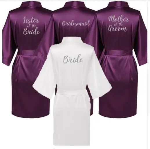 Nové fialové rúcho striebro Písanie matka ženícha Rúch Svadobná krátka nevesta Kimono družička Satin Robe Drop Shipping