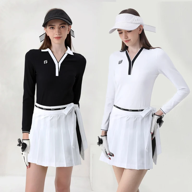 Nové golfové obleky Dámske jesenné a zimné kontrastné rukávy s dlhým rukávom V Top-neck