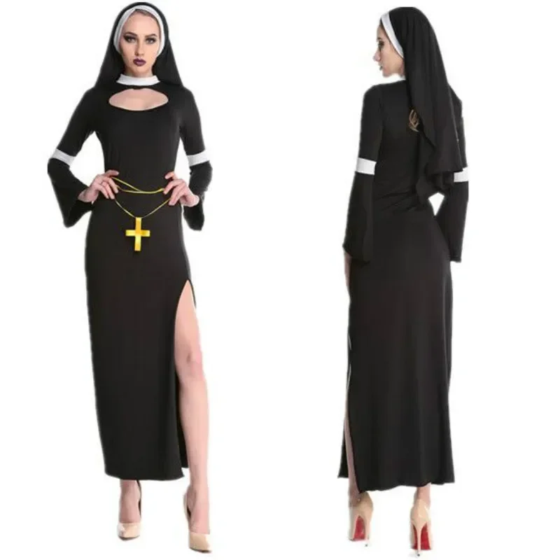 Nové horúce arabské oblečenie čierna sexi katolícka mních Cosplay šaty Halloween kostýmy Nun kostým