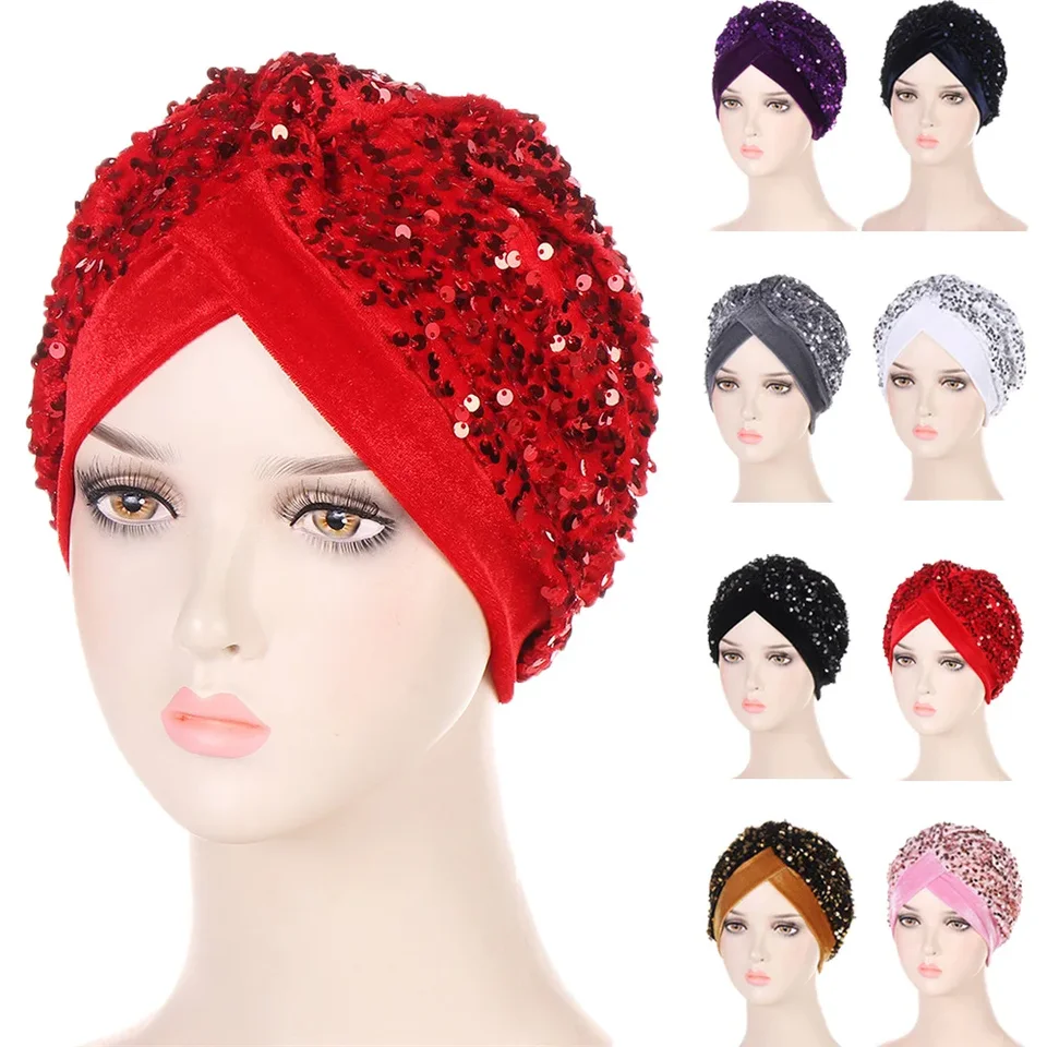 Nové indické turbanské flitry Velvet Chemo Cap Ženy Moslimský vnútorný hidžáb skladaný vlasový vypadávajúci čarodejnice šialenky čiarky kapota Turbante majer
