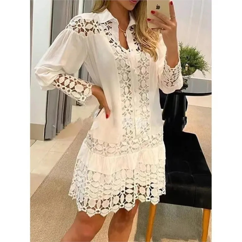 Nové jarné a jesenné dámske šaty s dlhým rukávom Domáce rukávy Spevnené farebné čipky Stitching módne duté košeľa Elegantné ženské šaty