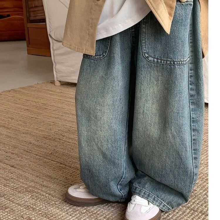 Nové jarné jesenné detské chlapci Dáli bavlnené pevné bočné vrecká Malé chlapci Denim Panty Loose Casy Toddler Boys Rovné nohavice